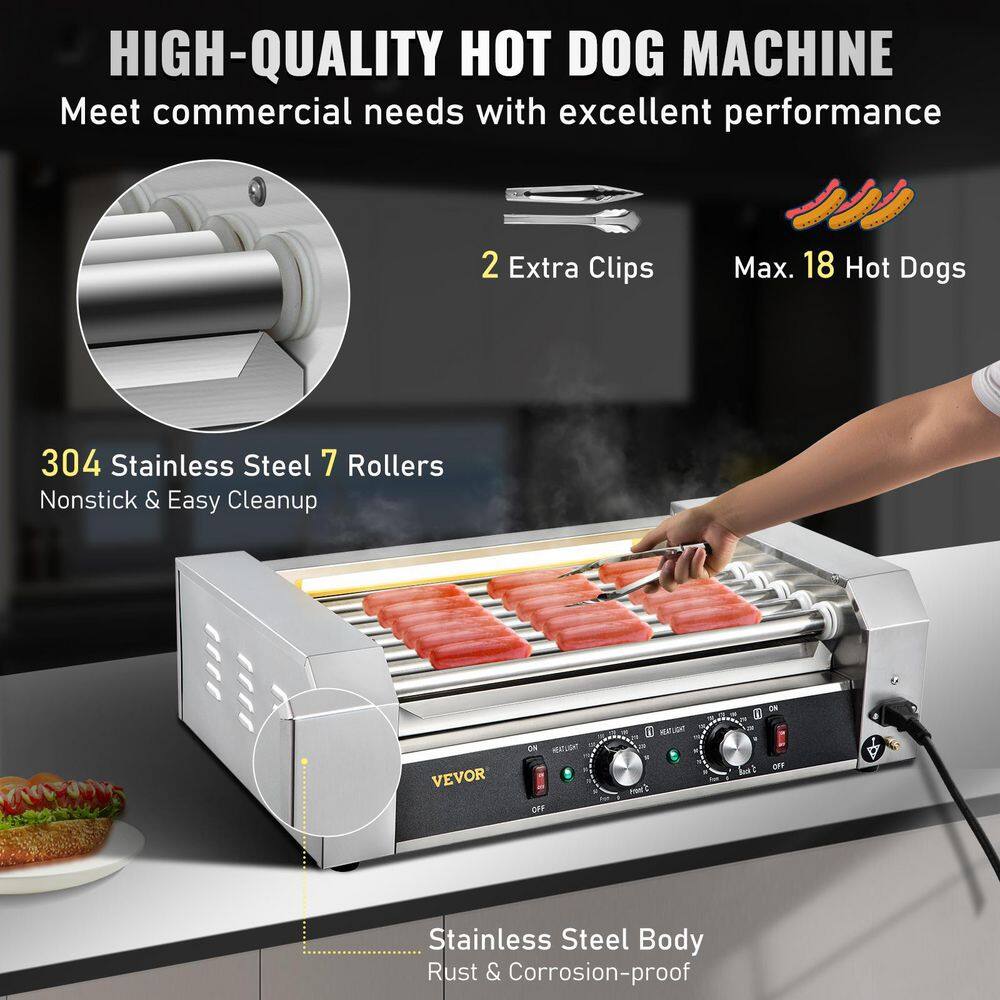 VEVOR 1050-Watt Stainless Steel Cook Warmer Hot Dog Roller 18 Hot Dog 7-Rollers with Dual Temp Control Indoor GrillsSilver GWGRGJBX7110VO39AV1