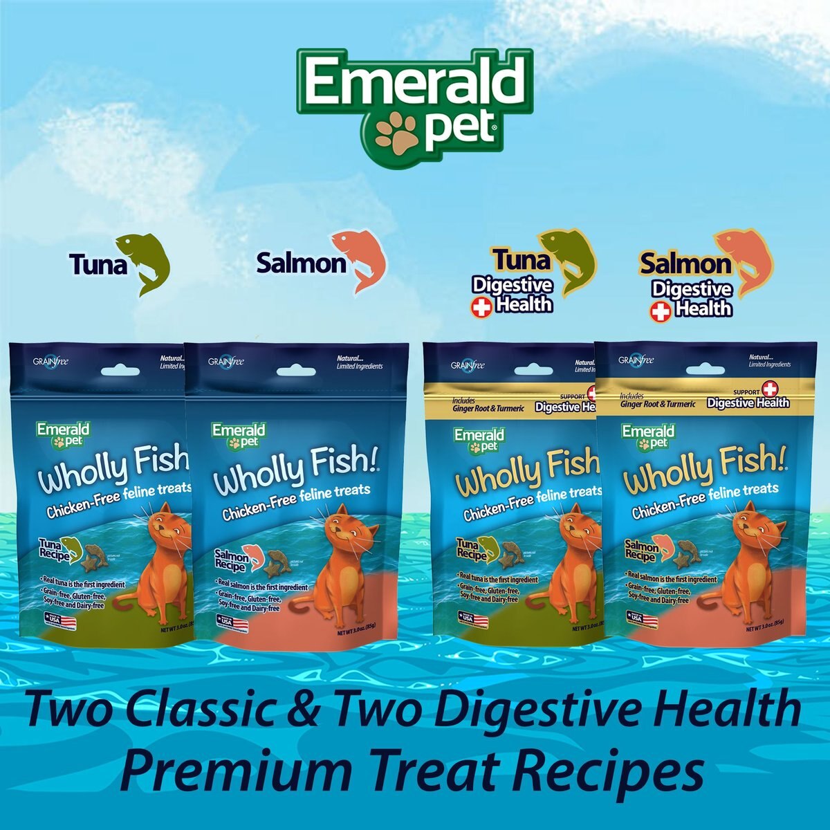 Emerald Pet Wholly Fish! Digestive Health Salmon Recipe Cat Treats