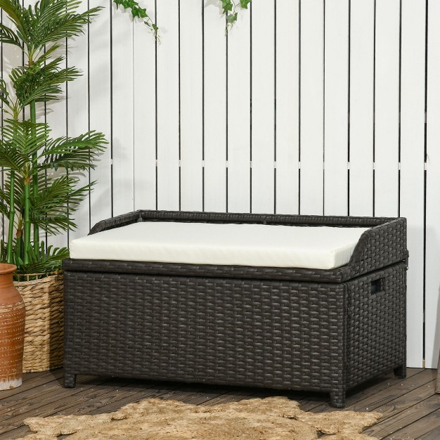 Outsunny Storage Bench Rattan Wicker Garden Deck Box Bin With Interior Waterproof Bag And Comfy Cushion Cream White