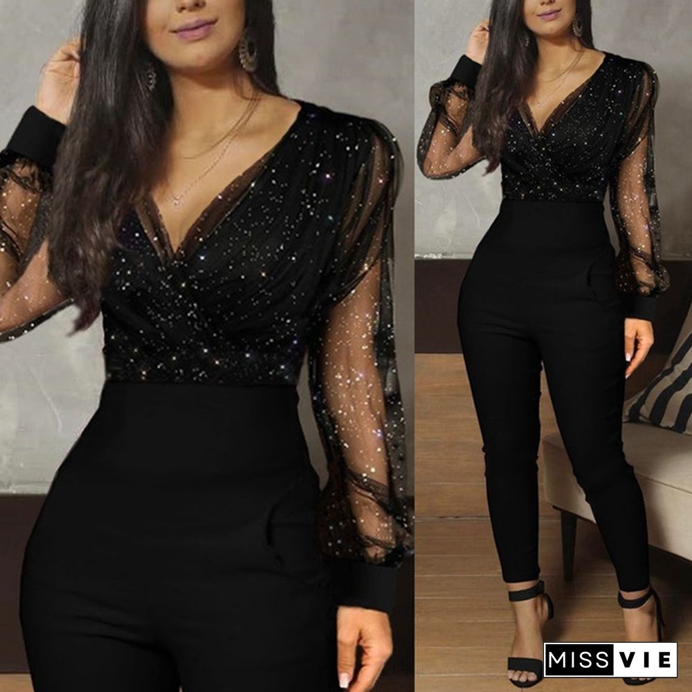 Women Fashion Sexy V Neck Glitter Sheer Mesh Patchwork Jumpsuit