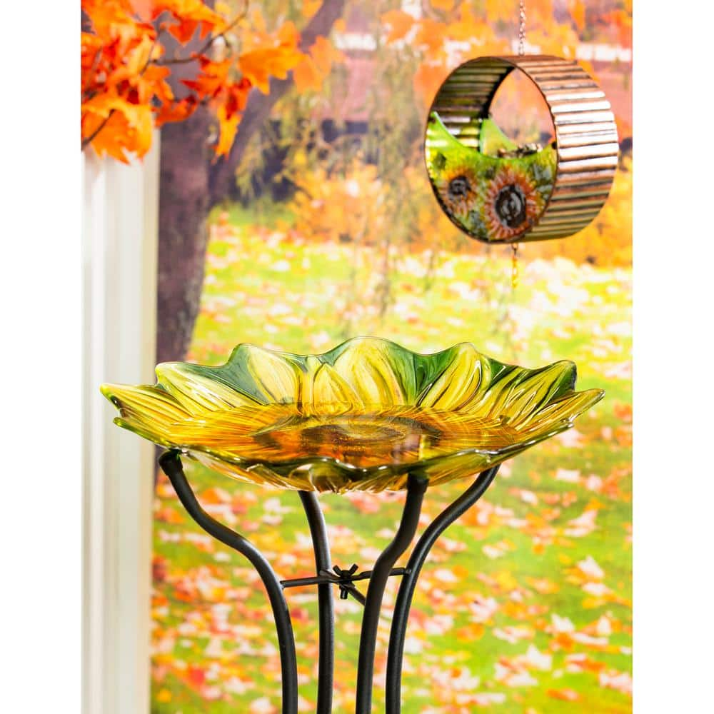 Evergreen 18 in. Sunflower Hand Painted and Embossed Shaped Glass Bird Bath 2GB7019