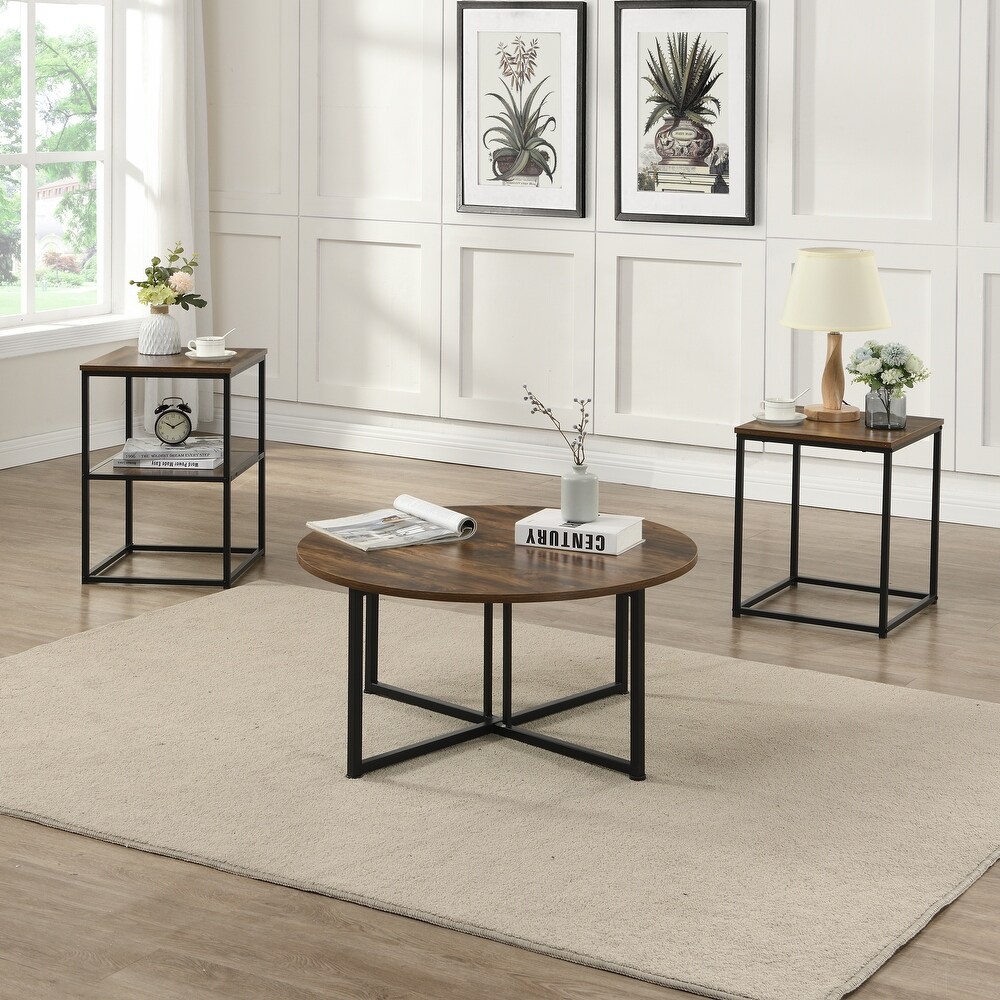 Myhozm 3 piece Round Coffee and Side Table Set with Open Shelves