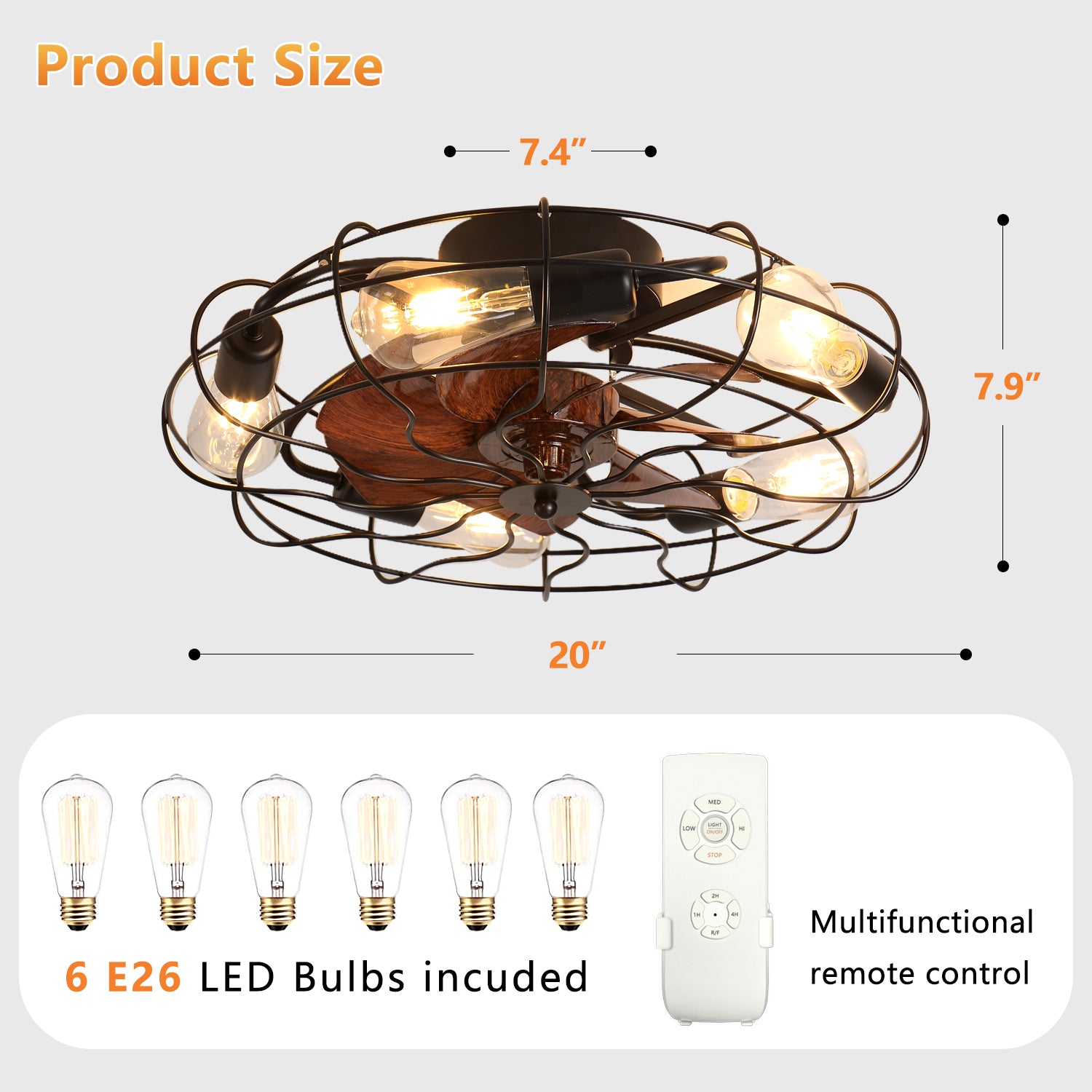 Caged Flush Mount Ceiling Fan with Light， Remote Control Enclosed Ceiling Fan， Smart Bladeless Ceiling Fan Lights for Bedroom， Living Room Caged-5Bulb