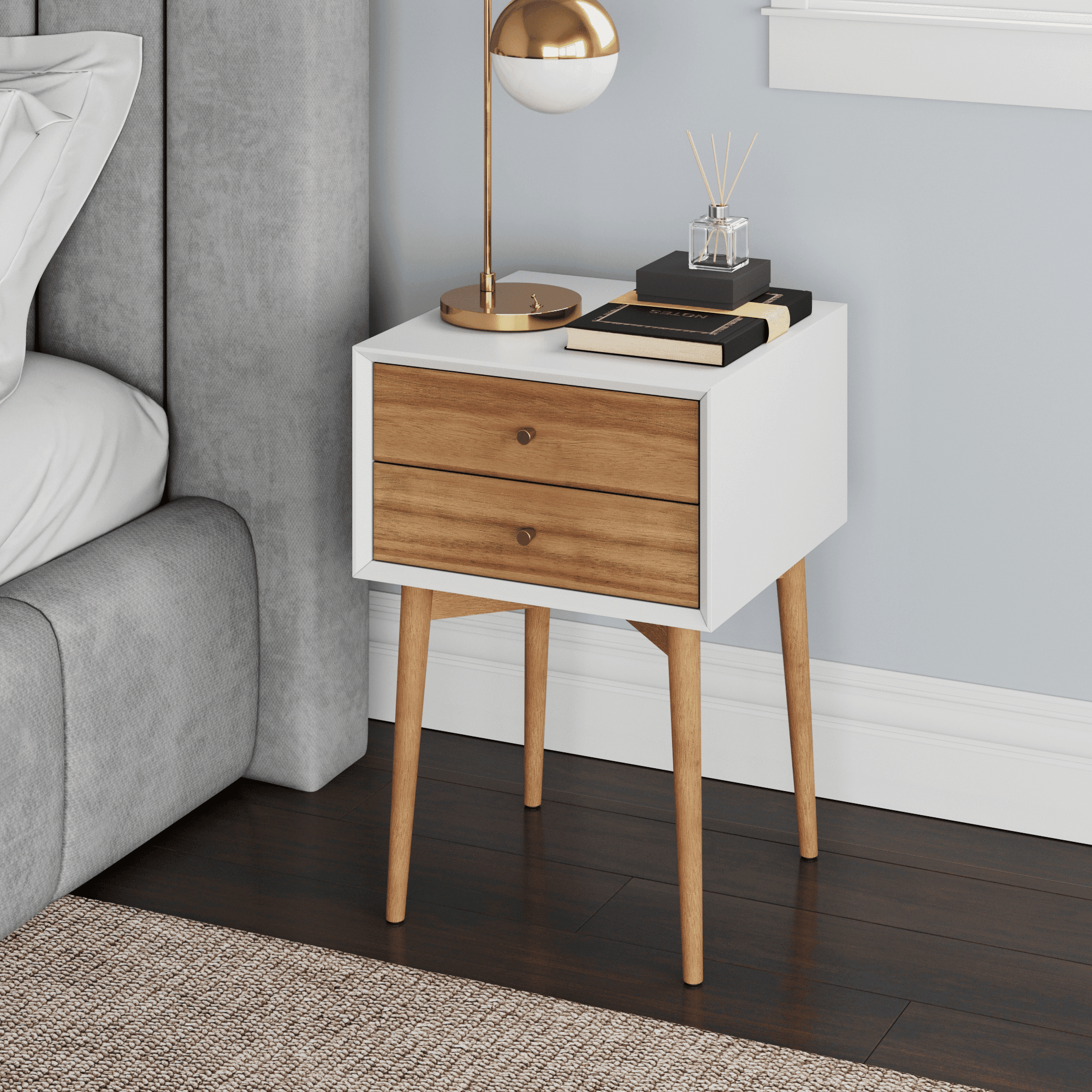 Nathan James Harper 2-Drawer Mid-Century Side Table, White/Brown