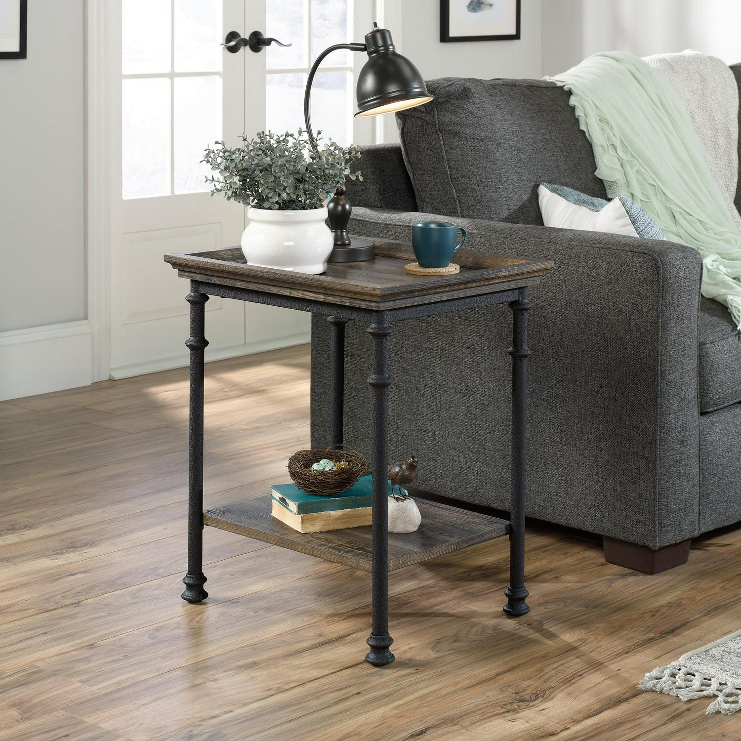 Sauder Canal Street Industrial Tray Top End Table， Carbon Oak Finish