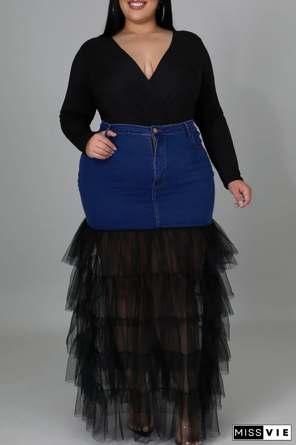 Deep Blue Fashion Solid Patchwork Flounce Plus Size(The Stitching On The Skirt Is Yellow)