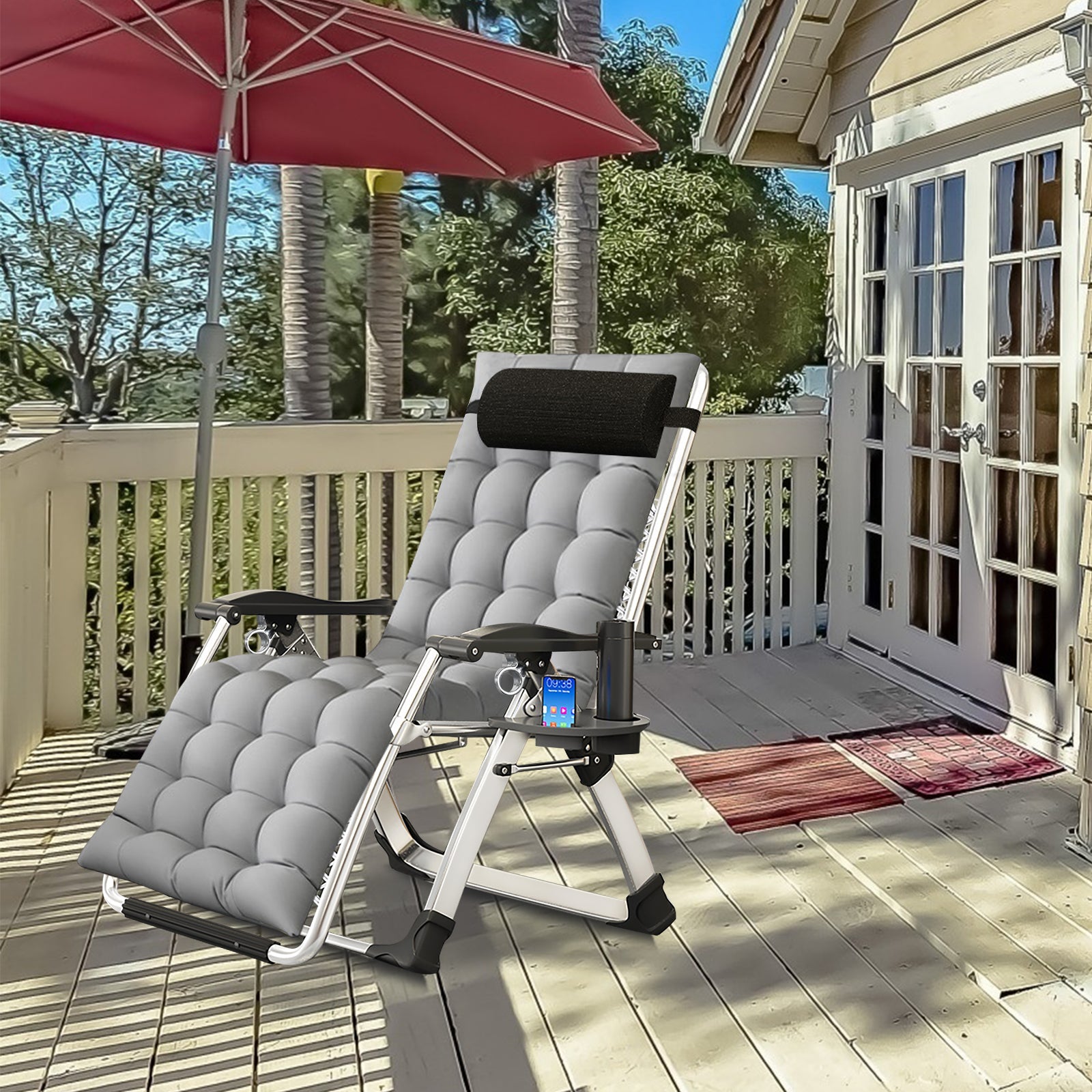 Lilypelle Zero Gravity Chair, Lawn Recliner, Reclining Patio Lounger Chair, Folding Portable Chaise with Removable Soft Cushion, Cup Holder, Headrest