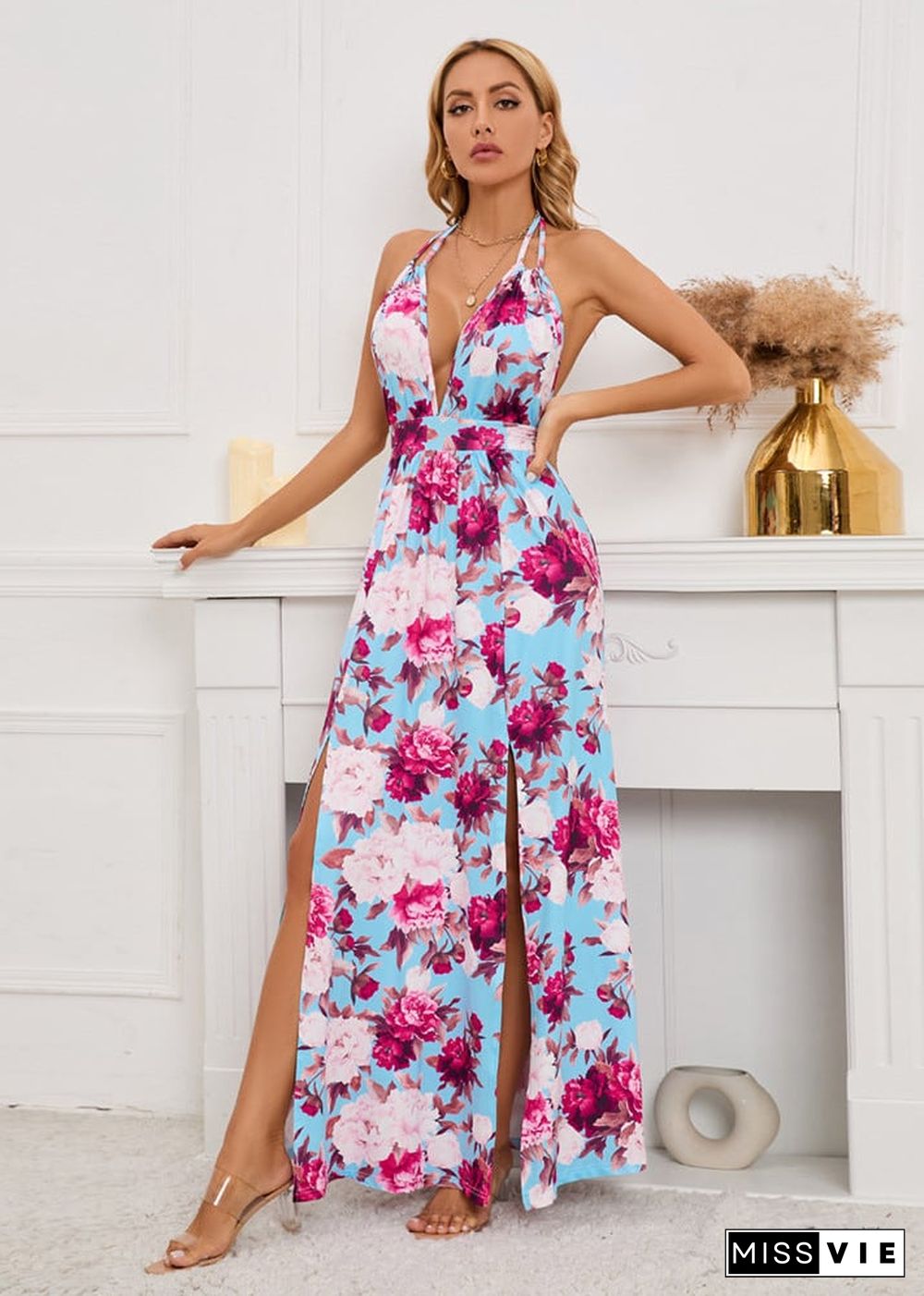 Boho Deep V-neck Blue Maxi Dress Eloise