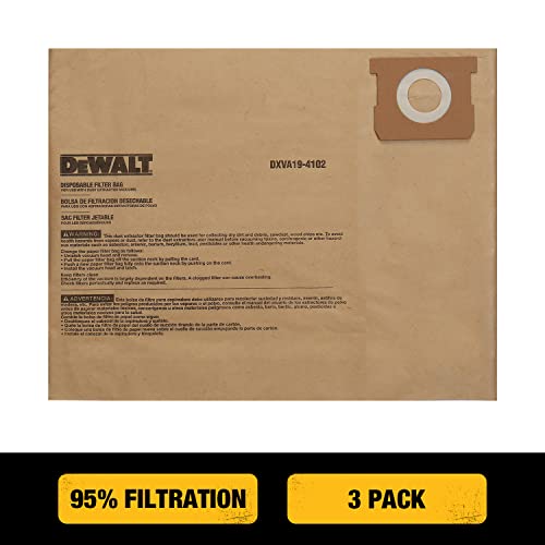 DEWALT DXVA19-4102 Dust Bag Fits for 12-16 Gallon Wet/Dry Vacuum Compatible with DXV12P DXV14P DXV16P DXV16PA DXV16S，3 Pack