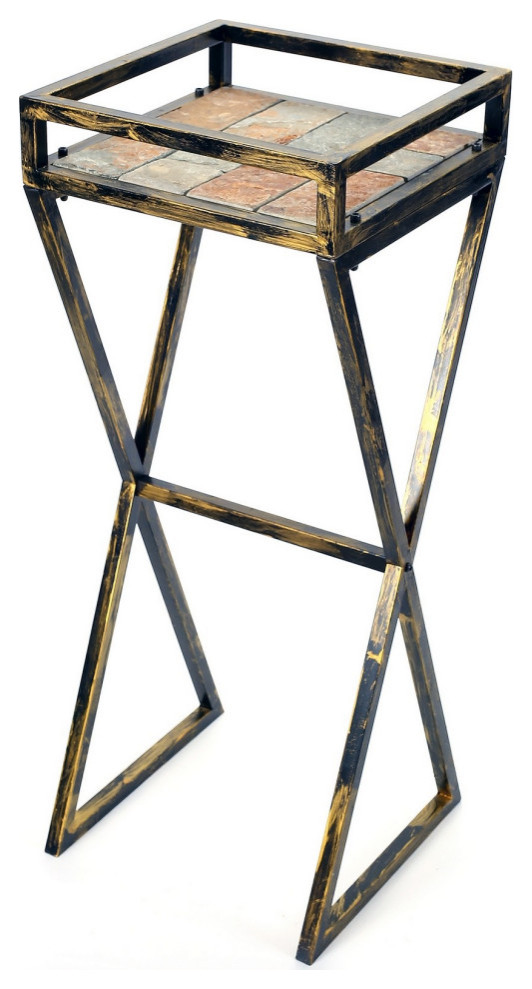 35.5 Stone Top Plant Stand With X Legs  Black and Gray   Industrial   Plant Stands And Telephone Tables   by VirVentures  Houzz