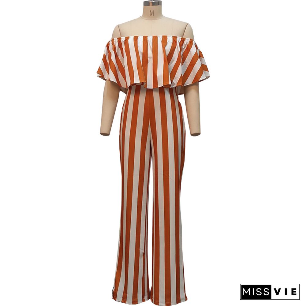 Striped Off Shoulder Wide Leg Jumpsuits