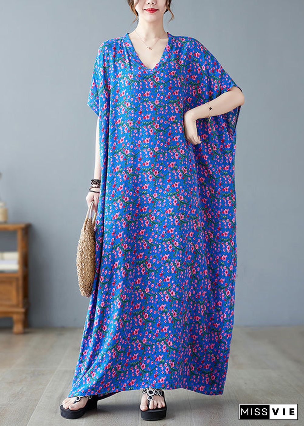 Loose Blue V Neck Print Long Dresses Short Sleeve