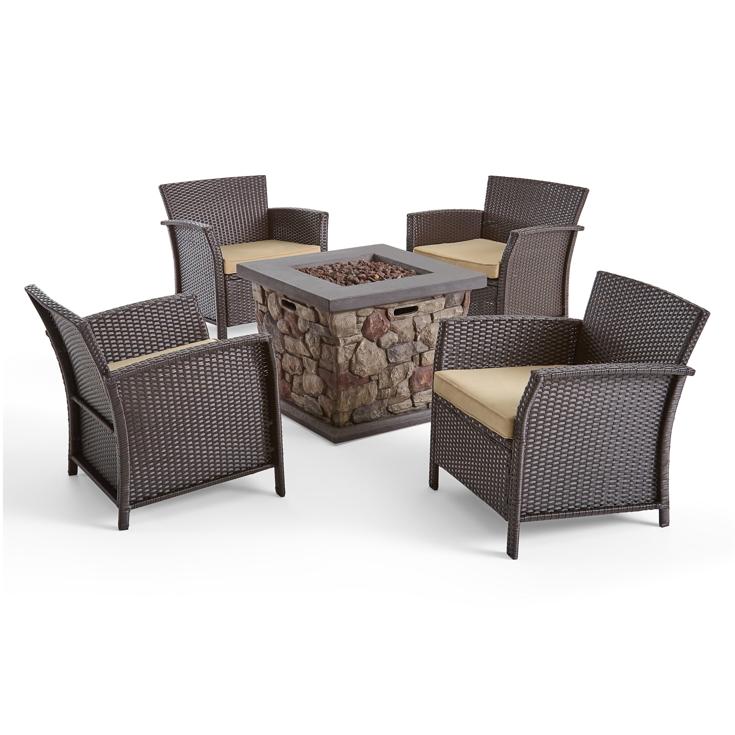 Laiah Outdoor 4 Piece Wicker Club Chair Chat Set with Stone Finished Fire Pit