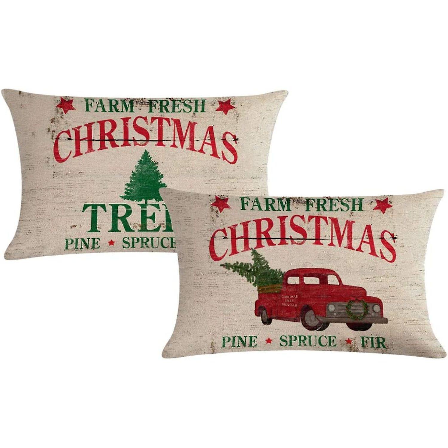 2pack Christmas Throw Pillow Cushion Covers 12x20 Inch Farm Fresh Xmas Tree With Red Truck Home Decorative Rectangular/waist Pillowcases For Christmas