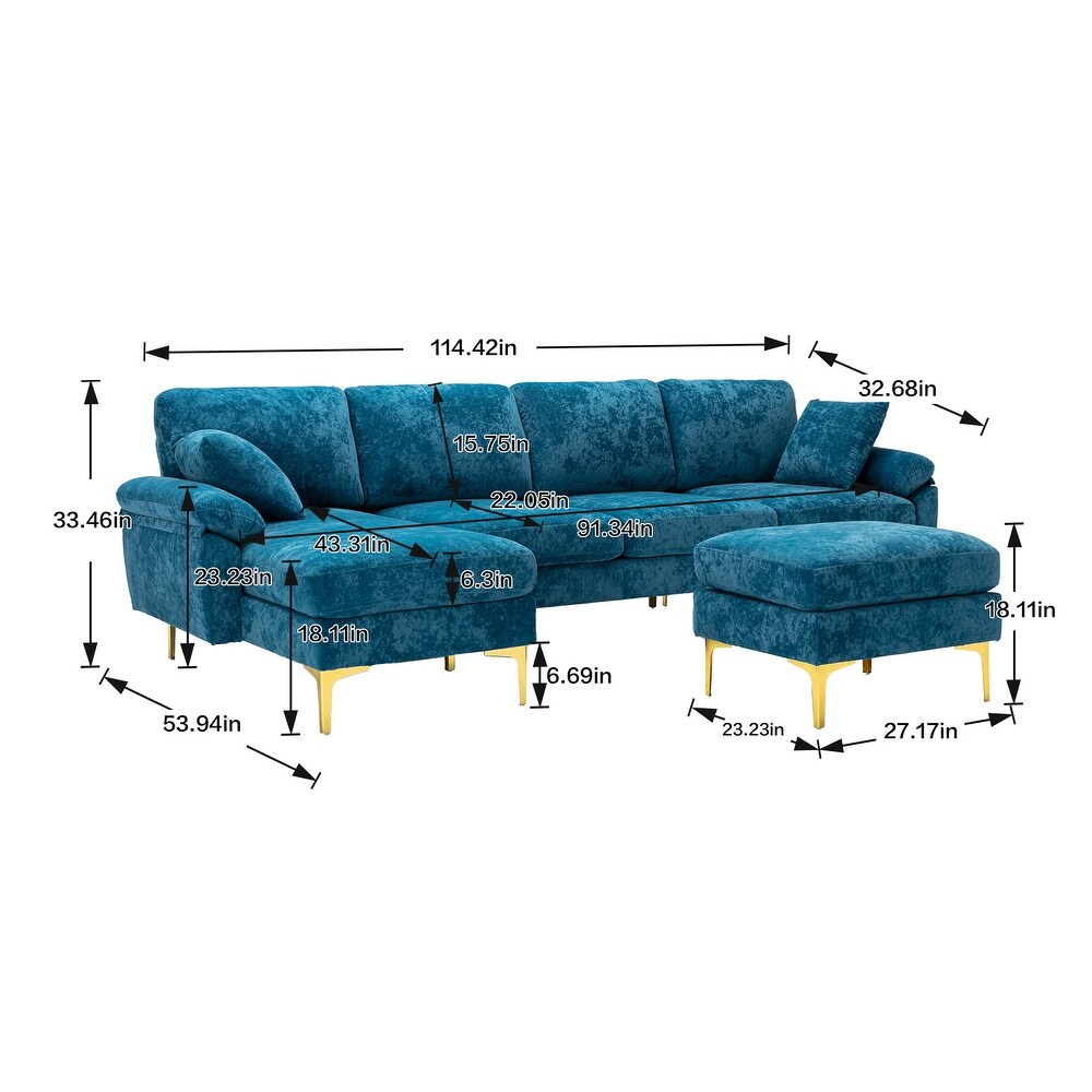 Chenille Sectional Sofas Set U shaped Modular Sofa Removable Recline Couch with Memory Foam Ottomans for Livingroom  Teal Blue