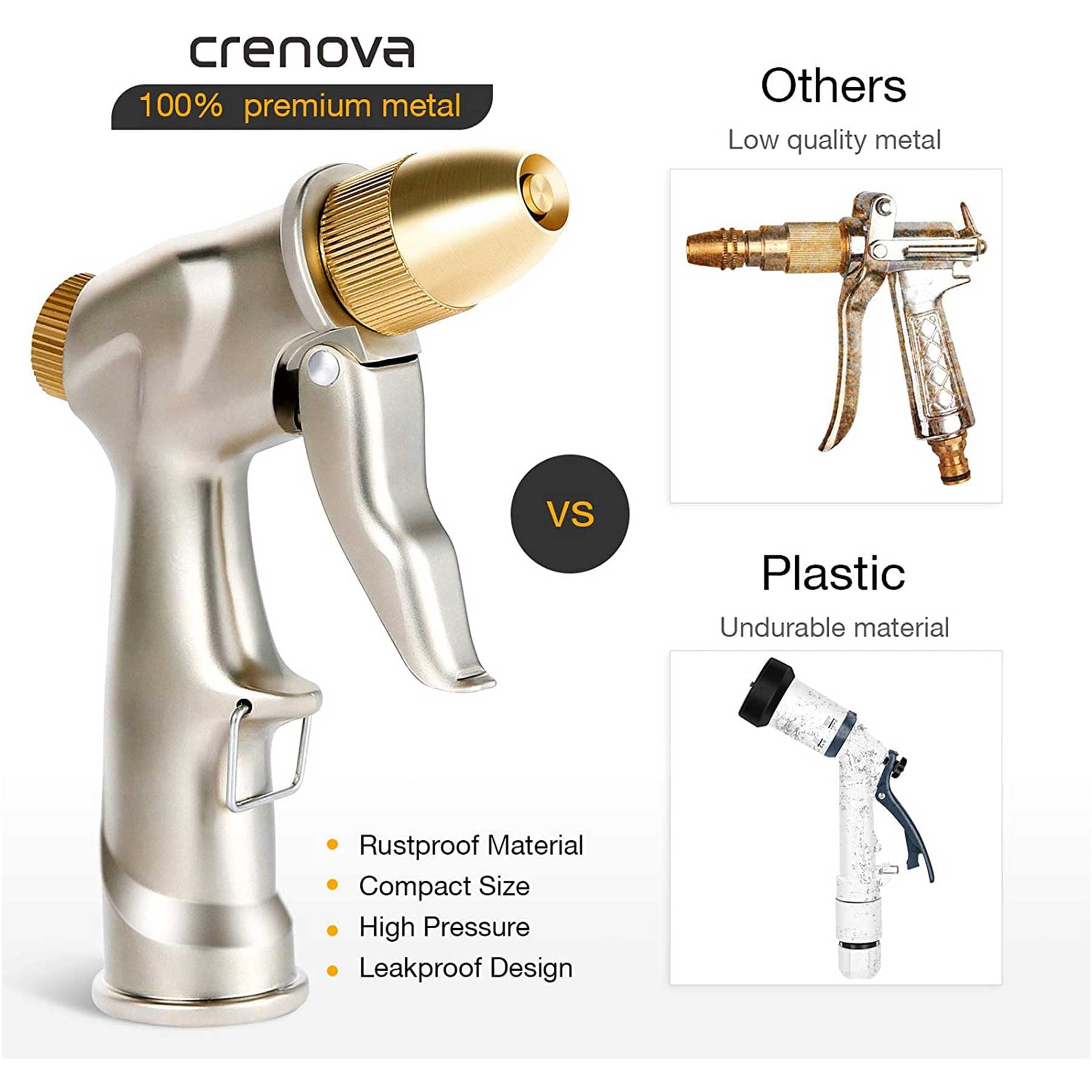 Crenova Garden Hose Nozzle Full Metal Brass Water Sprayer High Pressure Car Wash Gun Multifunction Nozzle， Gold