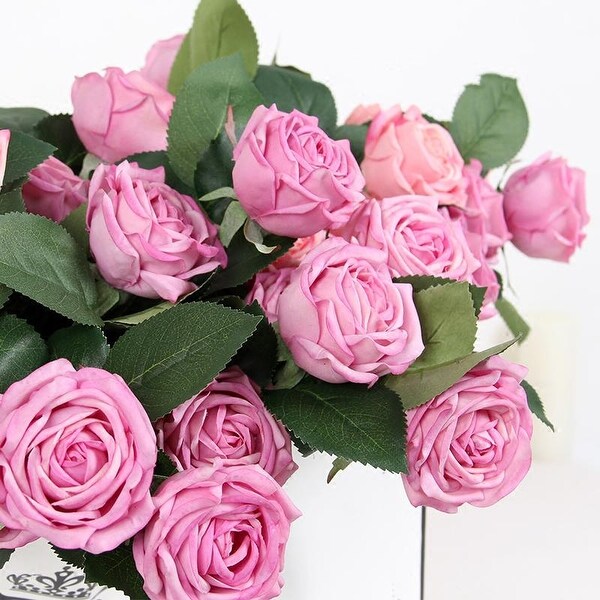 FloralGoods Real Touch 2 Rose Bloom Short Stem in Pink Purple 15 Tall