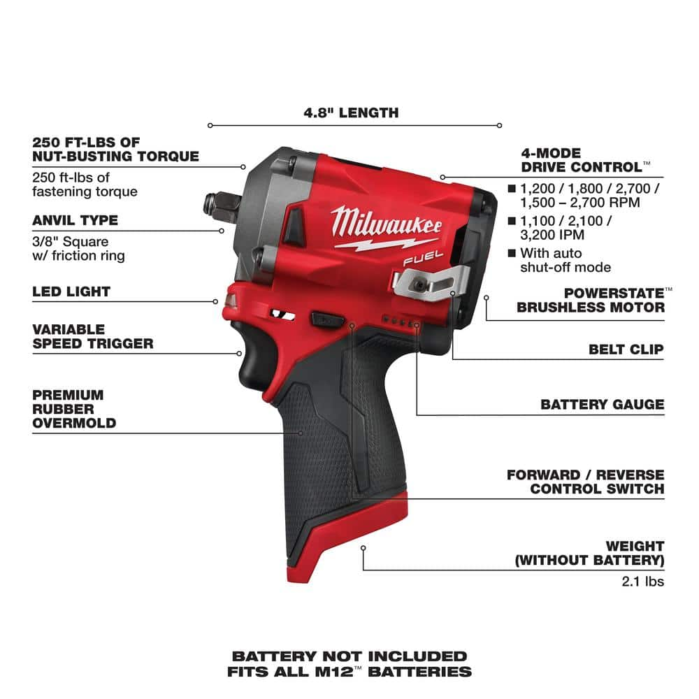 Milwaukee M12 FUEL 12-Volt Lithium-Ion Brushless Cordless Stubby 3/8 in. Impact Wrench Kit with (1) High Output 5.0 Ah Battery 2554-21HO