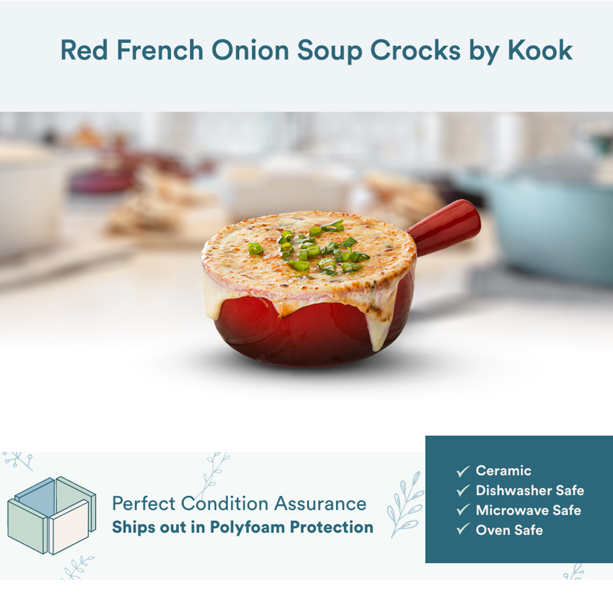 Kook French Onion Soup Crock Ceramic Bowls 4-Piece Stoneware Kitchen Set， Red Ombre