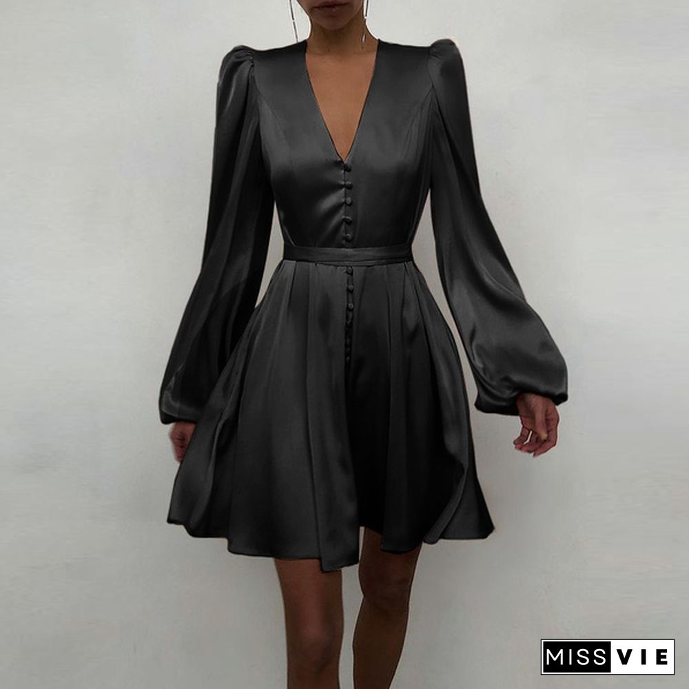 Women Solid Color Stain V Neck Puff Long Sleeve Cocktail Dress Casual Fashion Party Belted Midi Dress Plus Size Kleid