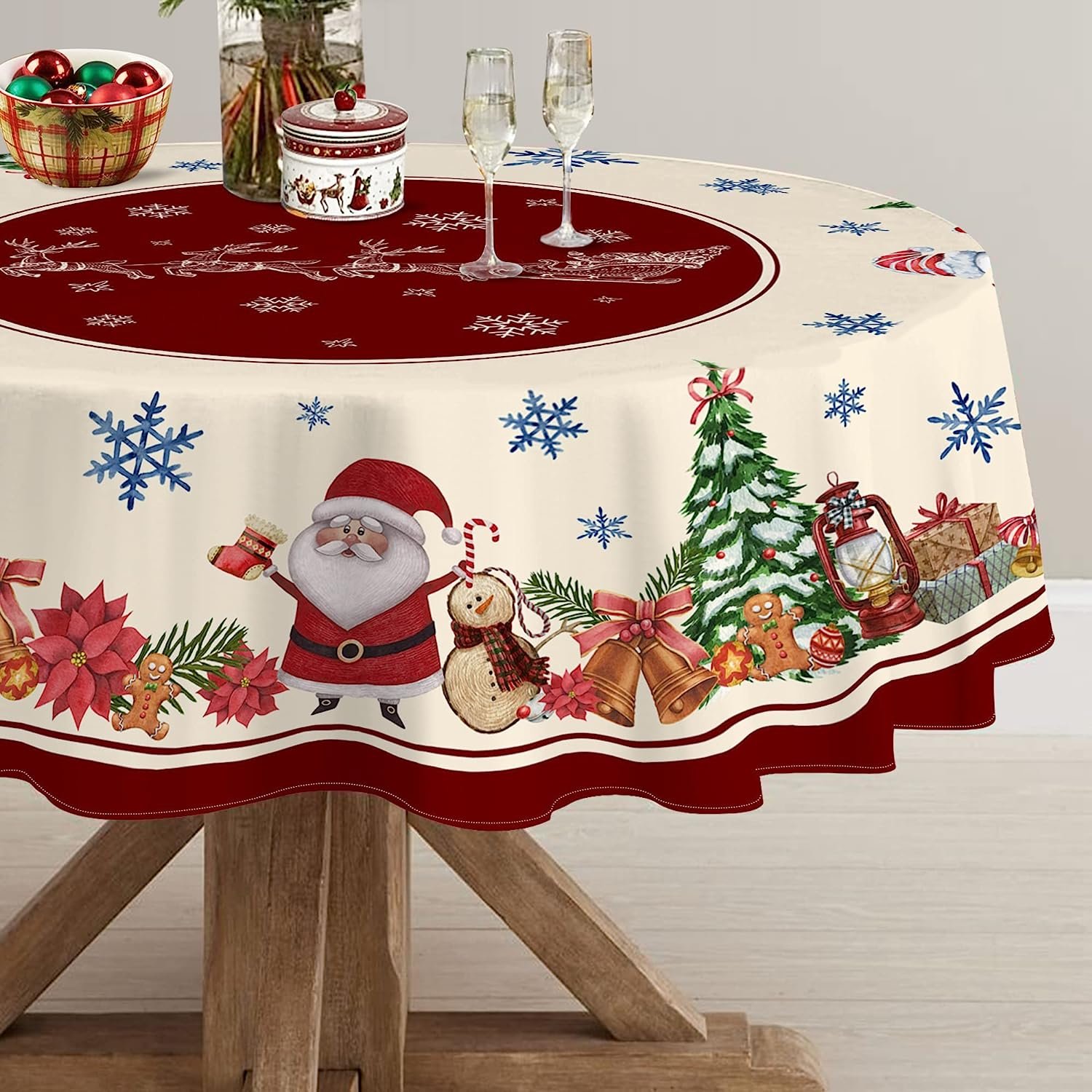 Round Christmas Tablecloth 70 Inch， Snowman Tablecloth， Winter Holiday Kitchen Christmas