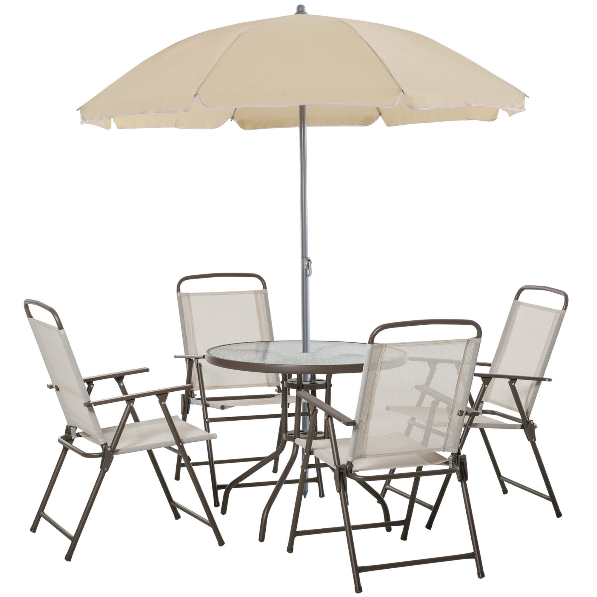 Outsunny 6 Piece Patio Dining Set for 4 with Umbrella, Outdoor Table and Chairs with 4 Folding Dining Chairs & Round Glass Table for Garden, Backyard and Poolside, Beige