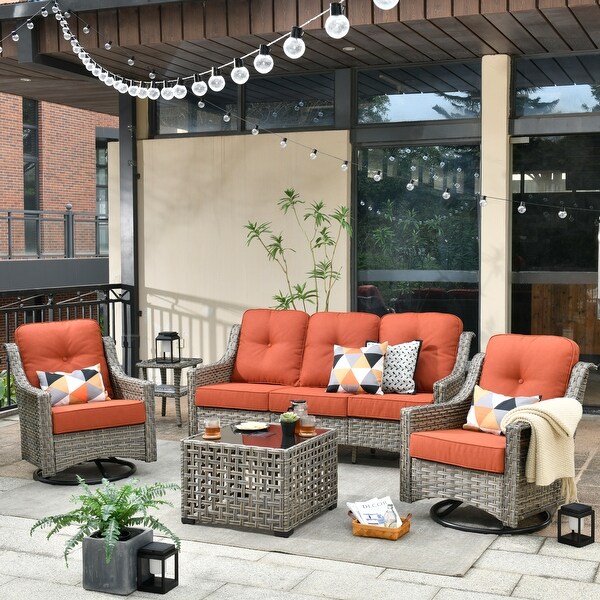 HOOOWOOO 5piece Patio Wicker Furniture Conversation Set with Swivel Chair and Coffee Table