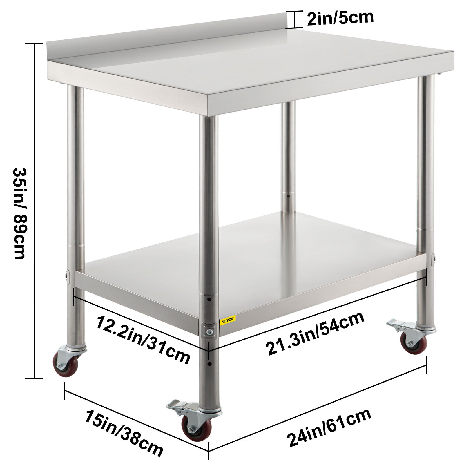 VEVORbrand Stainless Steel Prep Table， 24 x 15 x 35 inch， 440lbs Load Capacity Heavy Duty Metal Worktable with Backsplash Adjustable Undershelf and 4 Casters，  for Kitchen Restaurant