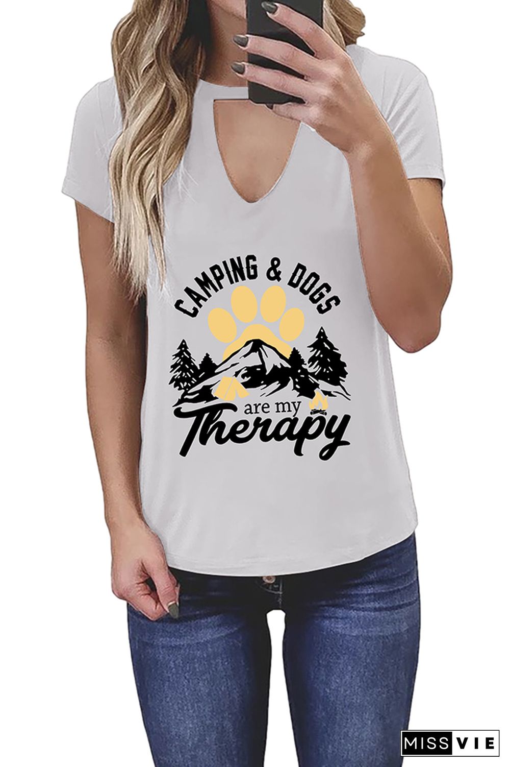 Camping and Dogs are my Therapy Graphic Tees for Women Wholesale Short Sleeve T shirts Top