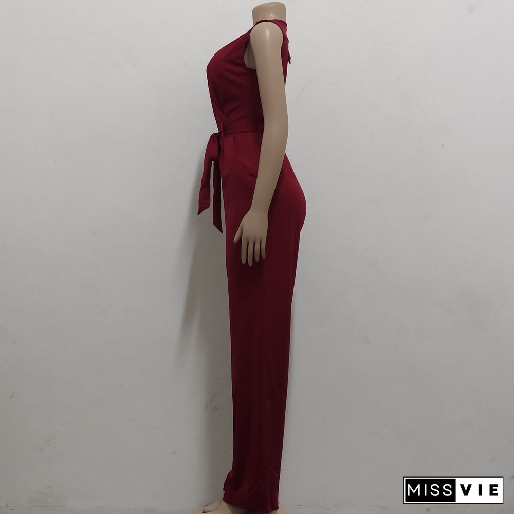 V Neck with Sashes Elegant Straight Leg Jumpsuits