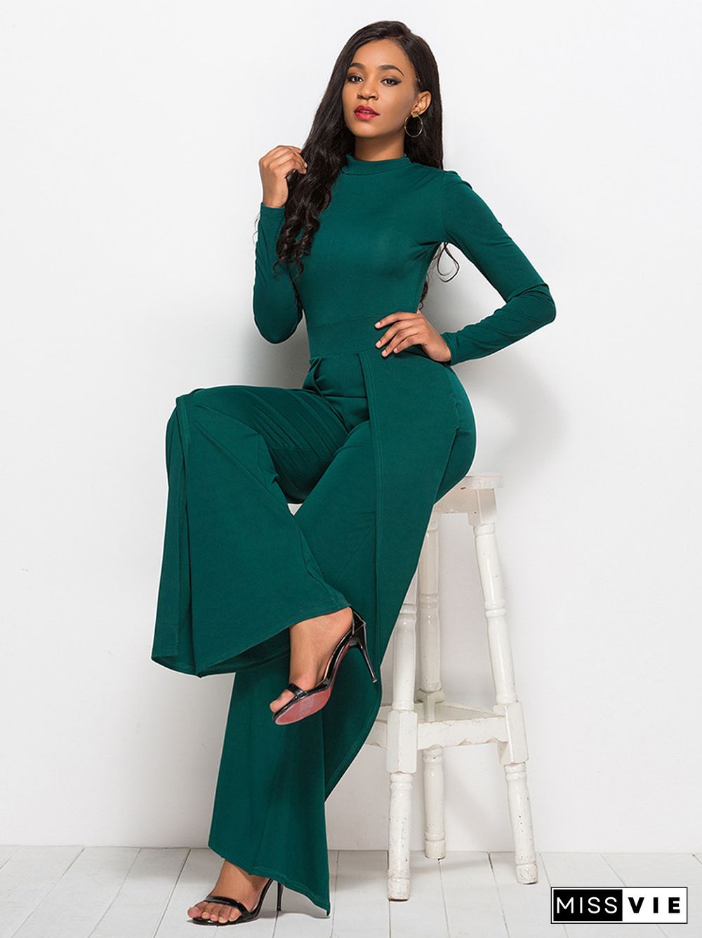 Fashion Crew Neck Long Sleeve Wide Leg Jumpsuit