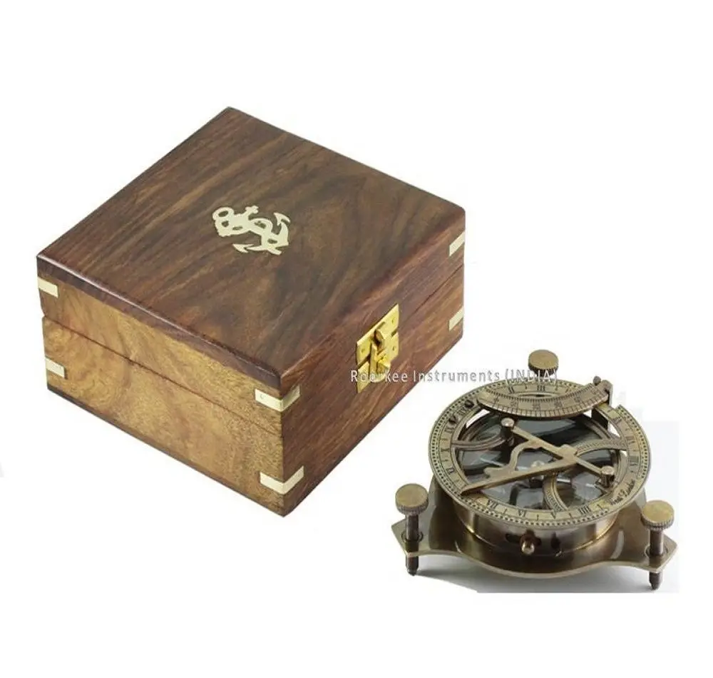 Antique Nautical Vintage Directional Magnetic Sundial Clock Pocket Marine Compass Essential Baptism Gifts with Wooden Case