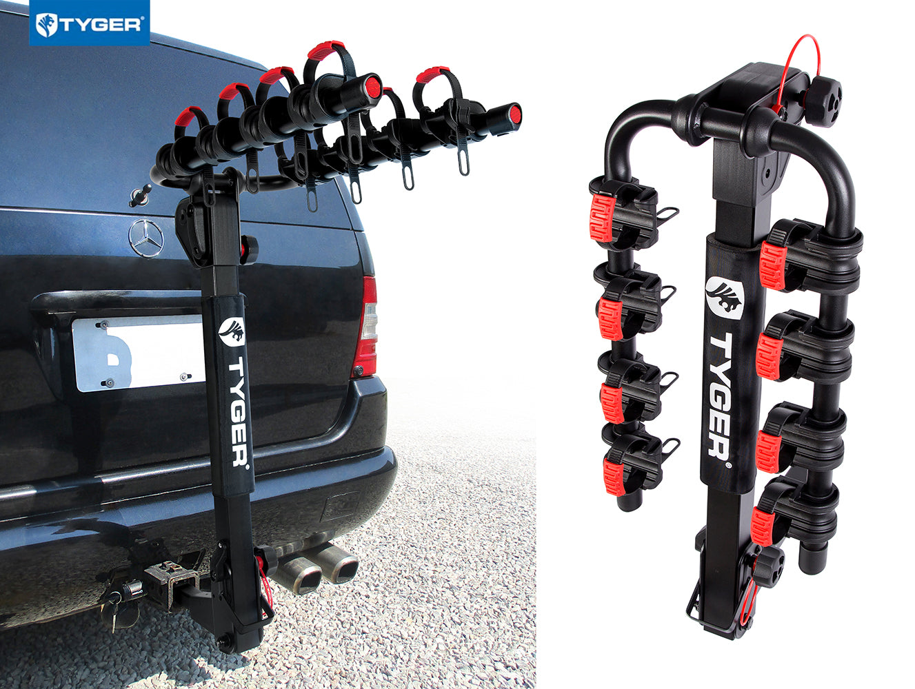 Tyger Auto TG-RK4B102B Deluxe 4-bike Carrier Rack Compatible with both 1-1/4'' and 2'' Hitch Receiver | With Hitch Pin Lock and Cable Lock | Soft Cushion Protector