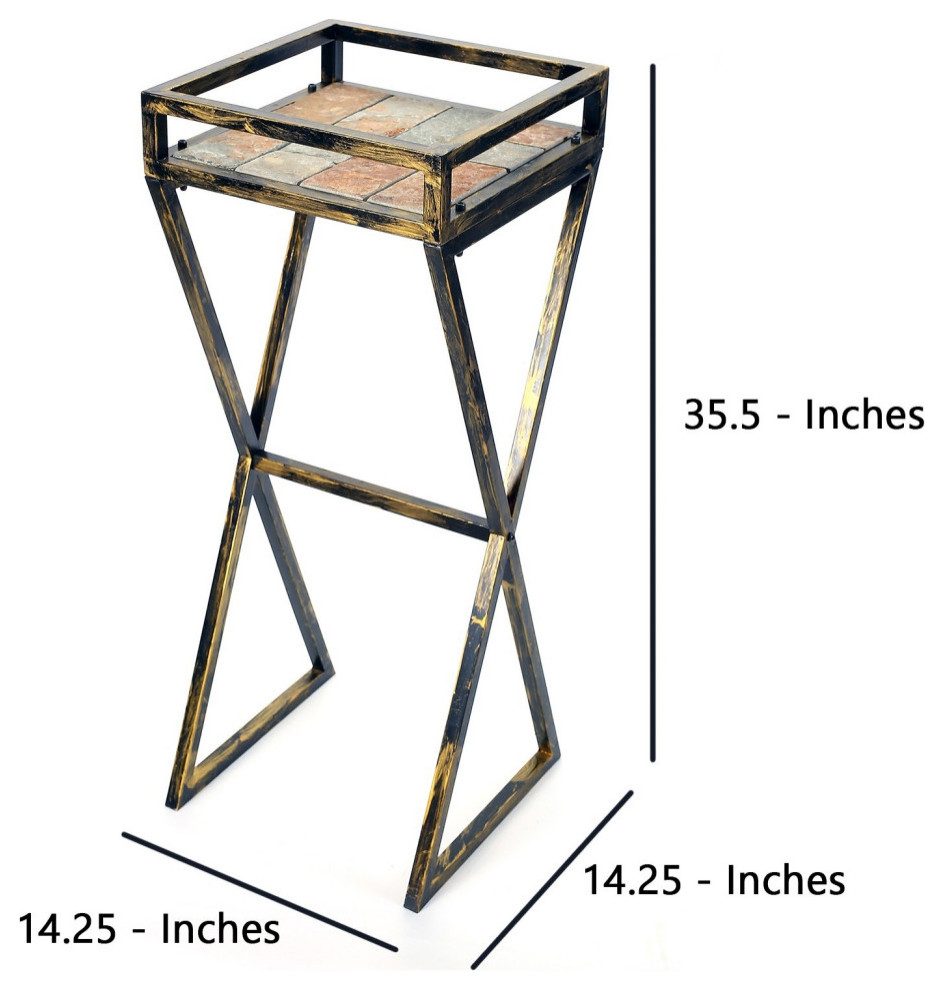 35.5 Stone Top Plant Stand With X Legs  Black and Gray   Industrial   Plant Stands And Telephone Tables   by VirVentures  Houzz