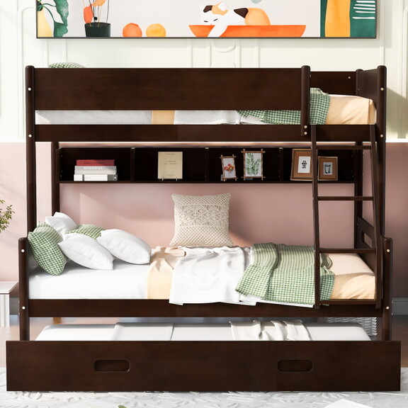 Wood Twin over Full Bunk Bed with Storage Shelves ...