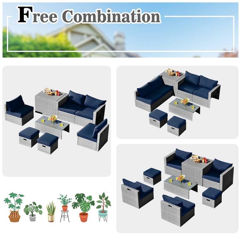 8 Pcs Rattan Patio Sectional Furniture Set Wicker Outdoor Cushioned Sofa Set with Storage Box & Waterproof Cover