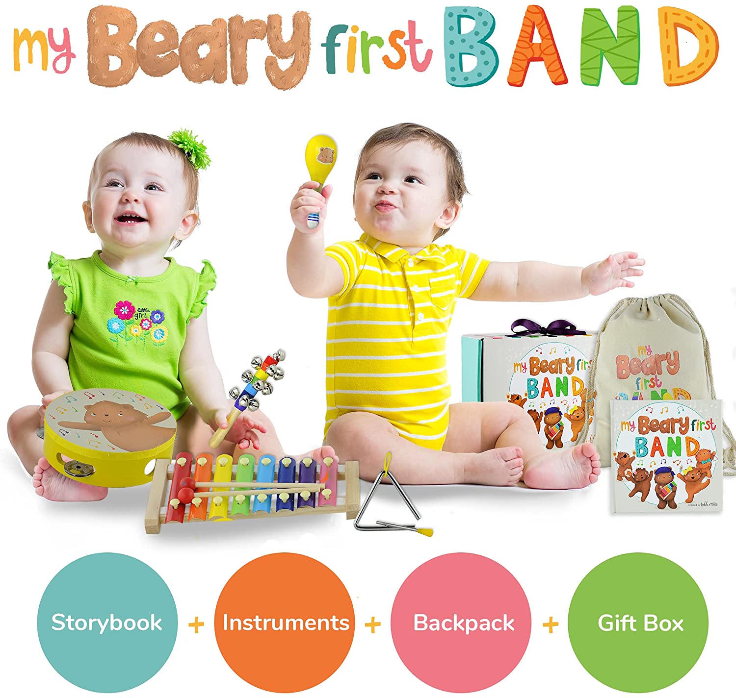 Tickle and Main， My Beary First Band Musical Instruments Gift Set - Includes Storybook and Wooden Percussion Toys for Toddler Girls and Boys Ages 3 4 5 Years Old