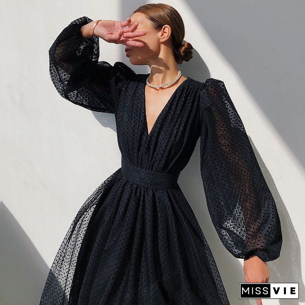 Vintage Dot Printing Women Spring Chiffon Dress Summer Fashion Casual Dress Boho Beach Women A-line Vestidos