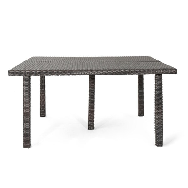 Outdoor 64 Inch Square Dining Table with Wicker Pulled Over an Iron Frame