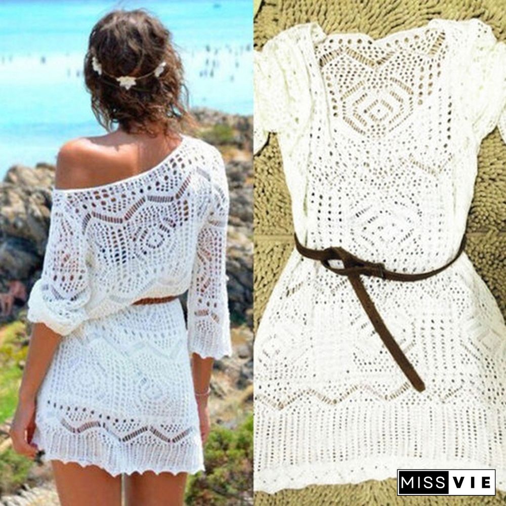 Womens White Summer Boho Lace Hollow Knit Bikini Swimwear Cover up Crochet Beach Mini Dress Tops Blouse