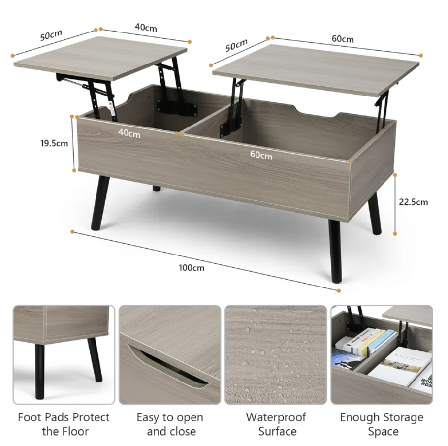 Lift Top Coffee Table with Storage, Double Lift Top Rectangular Storage Coffee Table