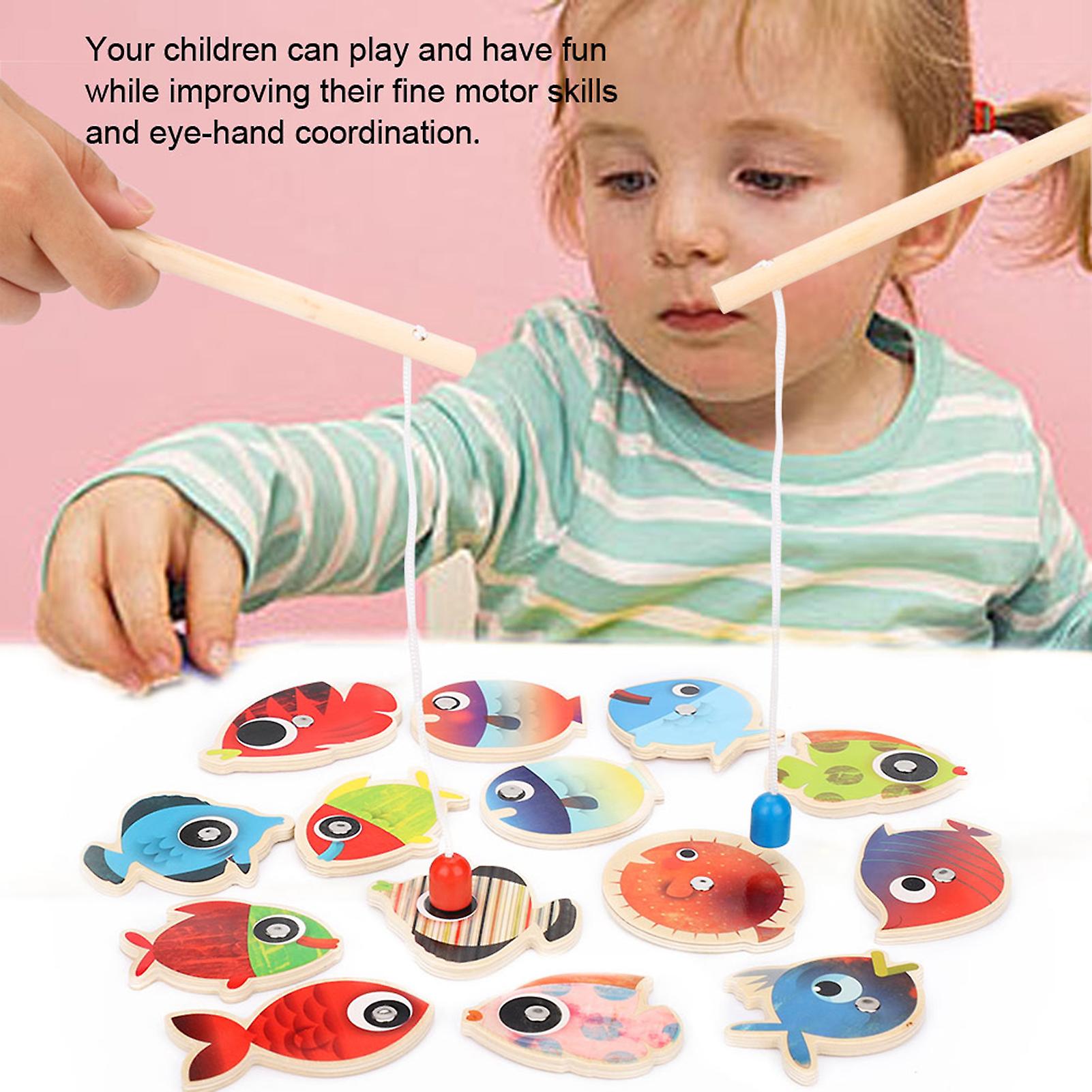 14 Fishes   2 Fishing Rods Wooden Magnetic Fishing Game Kids Children Educational Toys