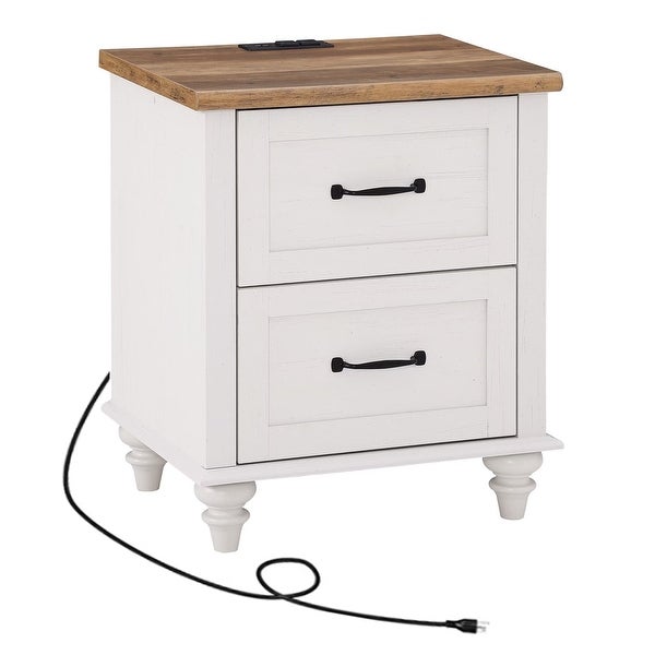 Mid Century End Table Nightstand with Drawer and Charging Station， White