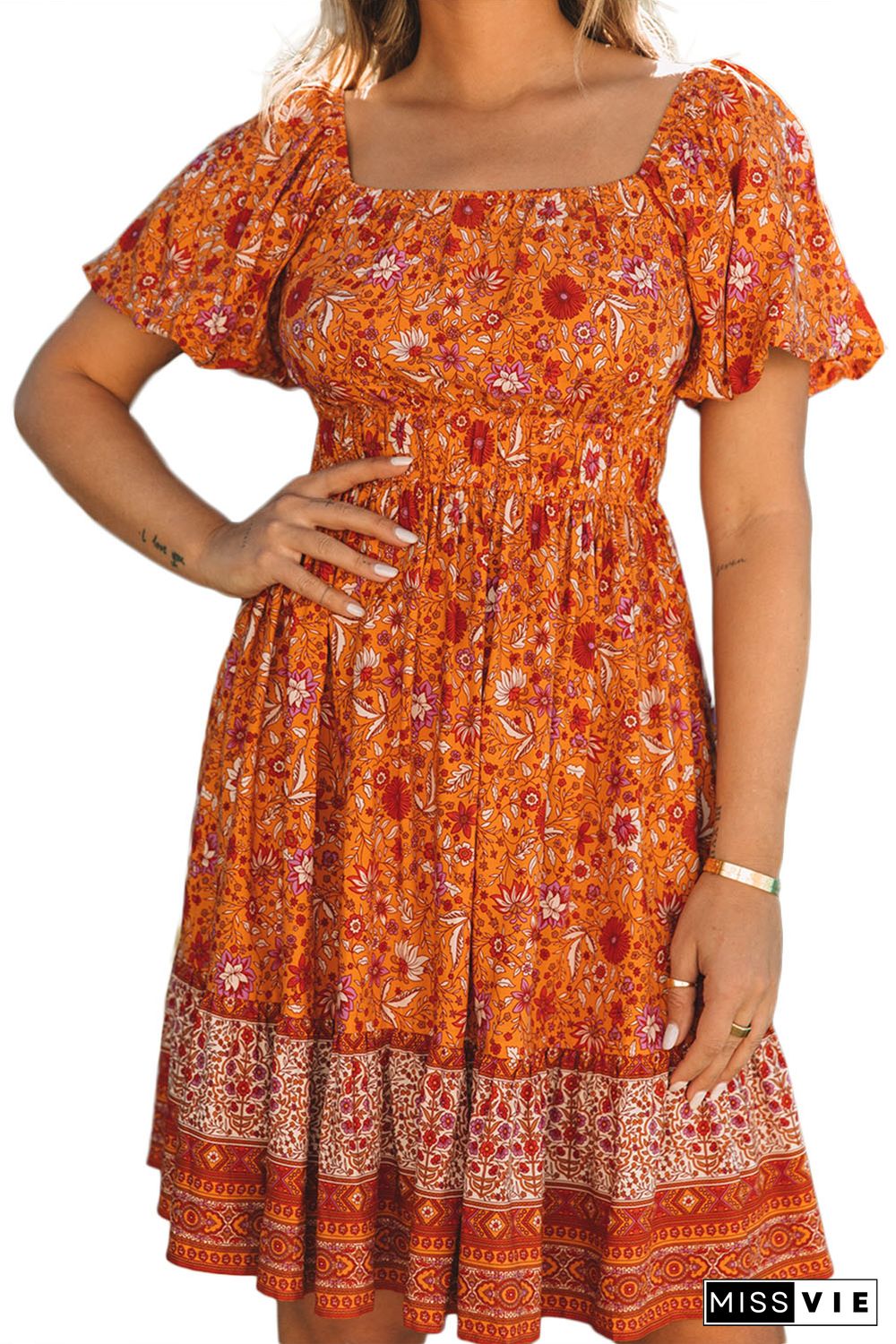 Orange Square Neck Puff Sleeves Flowy Floral Dress