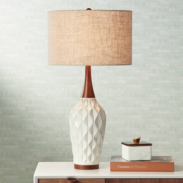 Tall White Geometric Ceramic Wood Tan Fabric Drum Shade For Bedroom Living Room Bedside Office