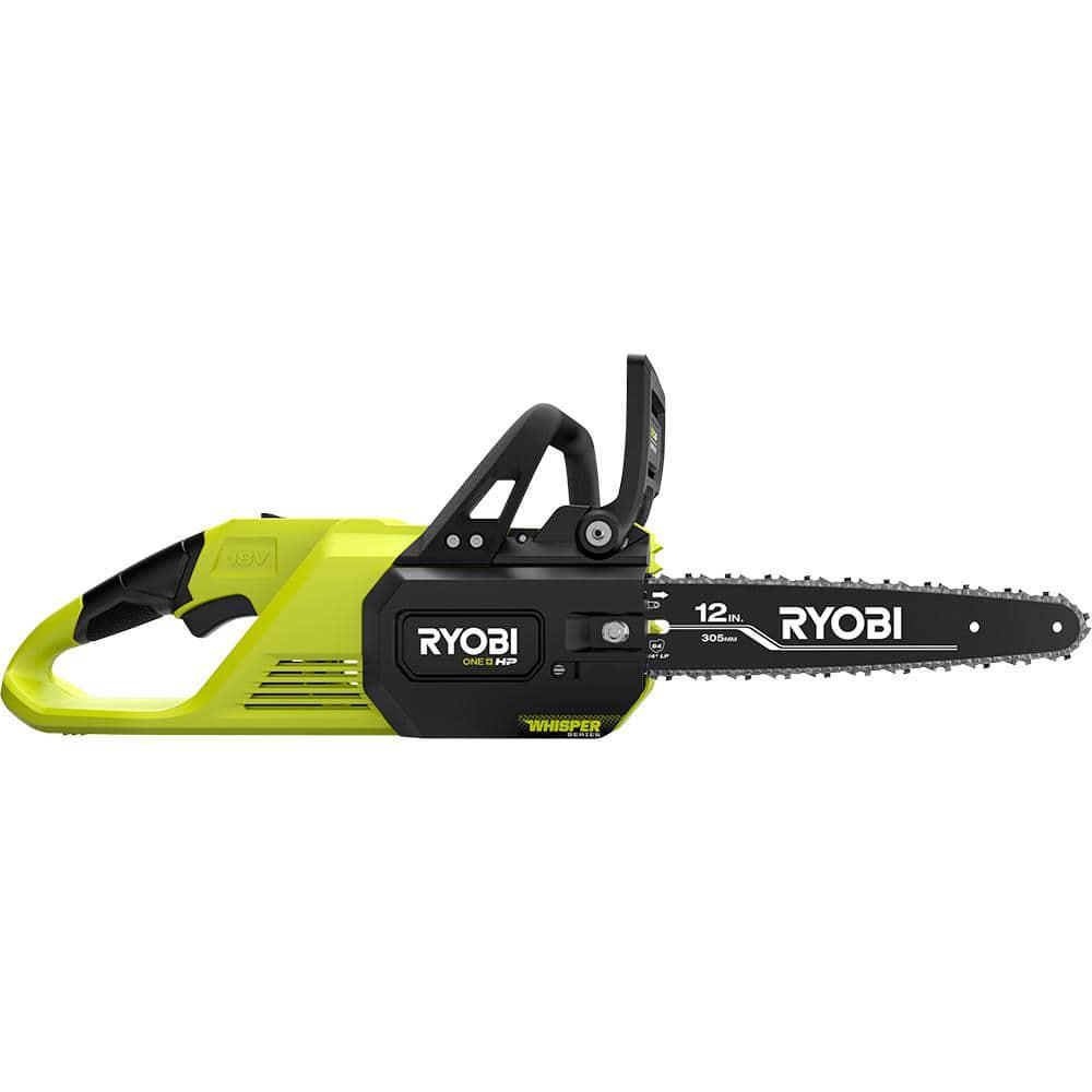 RYOBI ONE HP 18V Brushless Whisper Series 12 in Battery Chainsaw w Extra Chain Bar and Chain Oil 60 Ah Battery and Charger