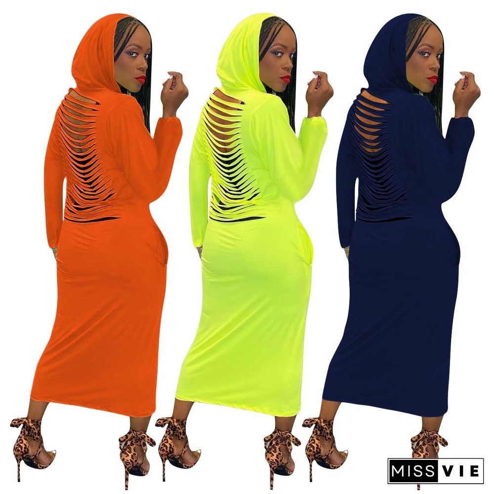 Back Hole Long Sleeve Solid Color Hoodies Maxi Dress