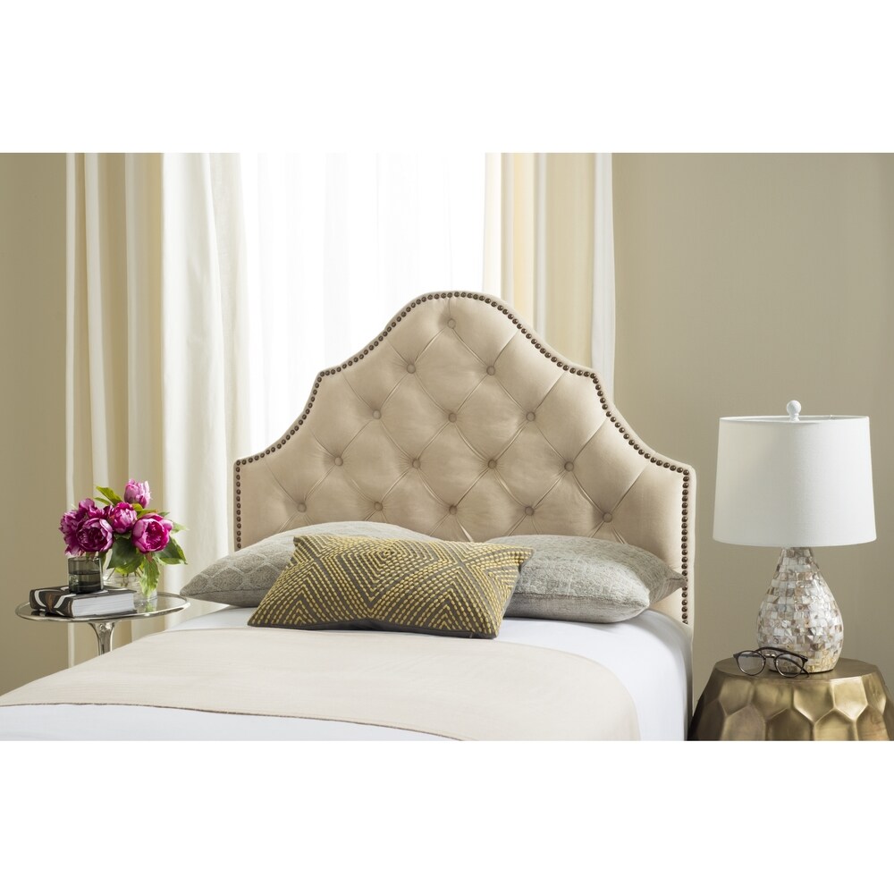 SAFAVIEH Arebelle Buckwheat Velvet Upholstered Tufted Headboard   Brass Nailhead (Twin)