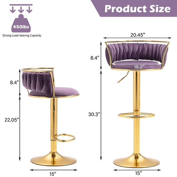 Set of 2 Bar Stool Adjustable Swivel with Gold Frame