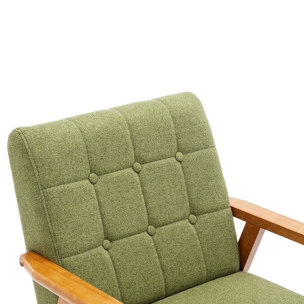 Modern Solid Wood Armrest Accent Chair， Mid-Century Linen Upholstered Button Lounge Chairs， for Livingroom Chair， Green